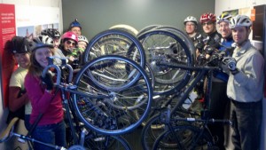 How many bikes can you fit into this elevator? Thanh Dang and her LCI classmates cram into the elevator at The Nature Conservancy offices in Washington, DC.