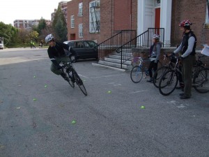 Chris Eatough of BikeArlington Program Manager demonstrates the "instant turn". LCI Seminar in Washington DC, November 2012. 