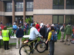 Folks stand around a mingle after the kids go in to school!